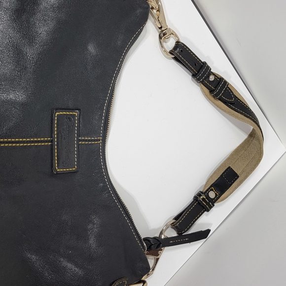 Dooney & Bourke Black Leather Tan Canvas Hobo Bag - Picture 3 of 13